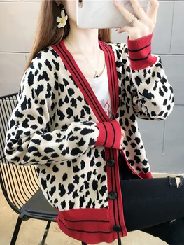2022 Trend korea Leopard Printida Naiste Suured Winter Nupp Ülerõivad Kootud Vestid Y2k Vintage Soe Kampsun Jakk
