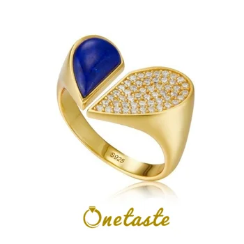 925 Sterling Hõbe Kullatud Lapis Lazuli Tsirkoon Südame Kujuline Avatud Rõngad, Naised Lihtne Romantiline Looduslik Kivi Armastus Ringi