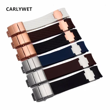 CARLYWET 22mm(20mm lukk) Kummist Watchbands Must Pruun Valge Veekindel Kaardus Ots silikoonkummist Watch Band Hõbedane Pannal