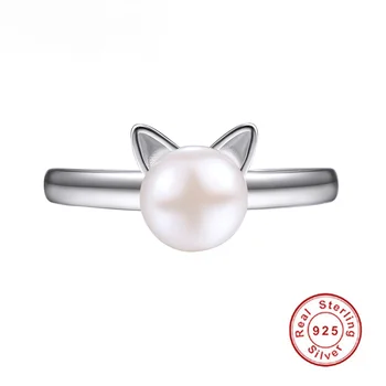 ChicSilver 925 Sterling Silver Pearl Ring Naiste Loomulik 6-7mm Valge Magevee Pärl Ehted Armas Kass Kõrva Reguleeritav Sõrmus