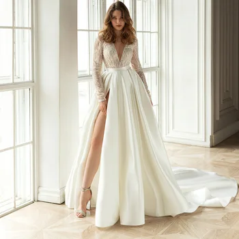 Elegantne Pikk Kullatud Lohkus V-kaelus Valge õhtukleit koos Elegantne Kleit peokleidid Vestido De Maternidad De Lujo