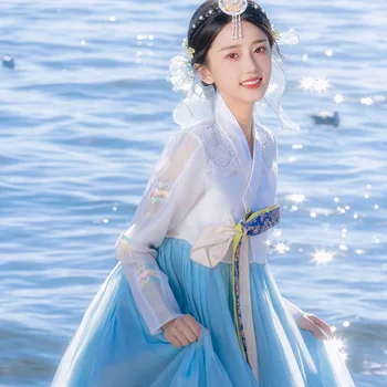 Hanbok Naiste 2023 Suvel Uus Sinine Marli Traditsiooniline Hanbok Kleit Kohus Korea Pulmad Kleit Kimono Aasia Vaikse Ookeani Saarte Riided