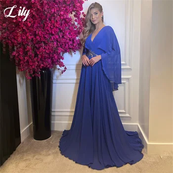 Lily Royal BlueEvening Kleit Elegantne Chiffion Tanssiaiset Kleit V Kaela Pulm Õhtul Kleit Kohandatud Suurus Batwing Varrukatega riideid de soirée