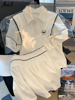 Naiste suve ametlik riietus, valge lühikese varrukaga, kanna peal ja plisseeritud seelik, kahe-osaline casual riided, tennis ja golf, SPO