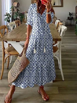 Naiste Vintage Print Bohemian Kleit Suvel Moe V Kaeluse, Lühikeste Varrukatega Pikk Naiste Kleidid Vabaaja Holiday Beach Kleidid Vestidos