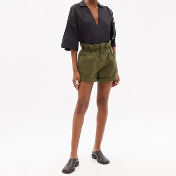 Ruffle disain, elastne kõrge vöökoht lühikesed püksid temperament vaba aja veetmise lahti lai jalg sõna püksid puuvilla armee roheline püksid 2023 sügisel uus