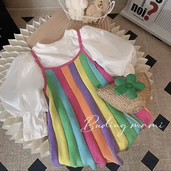 Tüdrukute Kevad ja Suve Riiete Komplekt Triibuline Kleit Rainbow Lapsed, Beebi Tüdruk Stiilne Seelik Kaks rõivakomplekti