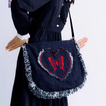 Xiuya Harajuku Denim Naiste Õlakott Kulunud Südame Tikitud Liblikas Crossbody Kotid Suured Tassima Shopper Koolikott Naine 2023