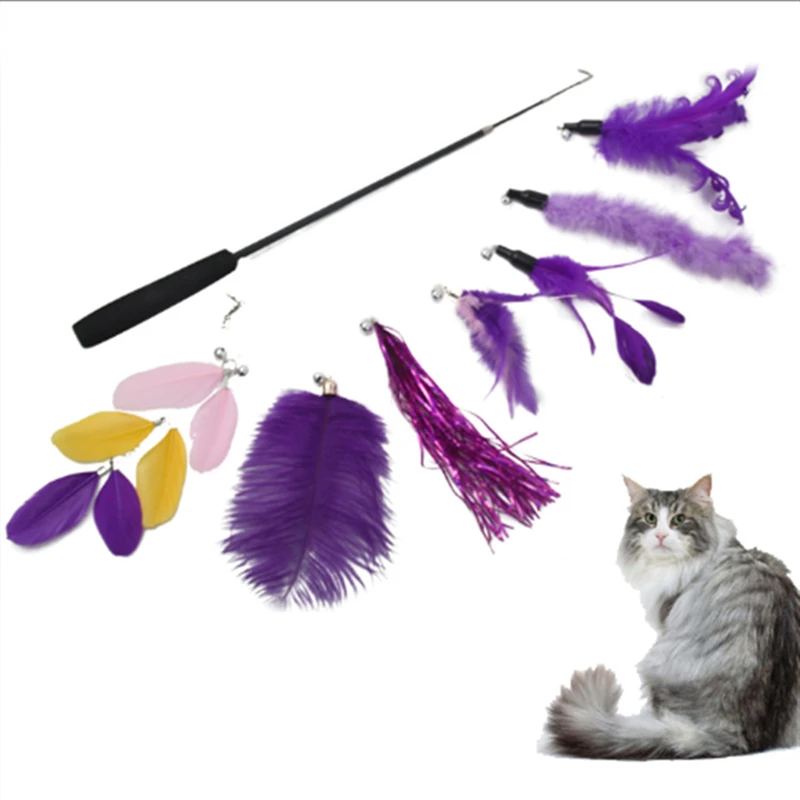 8PC Asendamine Feather Cat Toy Kass Kinni Bell Kass Sulg Teaser Võlukepp Pet Kassipoeg Interaktiivne Mänguasi Ülestõstetav Kassi Tarvikud