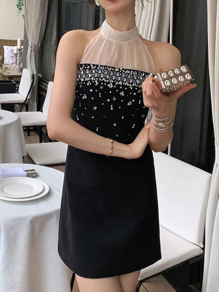 Rasketööstuse Helmed Silma Õmblemine Diamond Päitsed Kleit Naistele 2023 Suvel Uus Vintage Varrukateta Must - Line Kleit